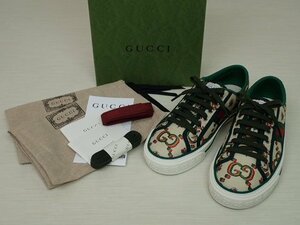 GUCCI/グッチ☆100周年記念 テニス 1977 スニーカー ベージュ＆グリーン GGフラワー ジャカード 36 レディース 677648 未使用 正規店購入