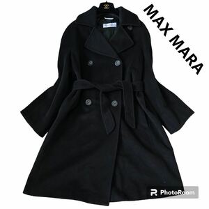 MAX MARA 【最高級白タグ】 マックスマーラ ベルテッドコート カシミヤ混 ロングコート ベルト Aライン ダブル 42 大きいサイズ ブラック