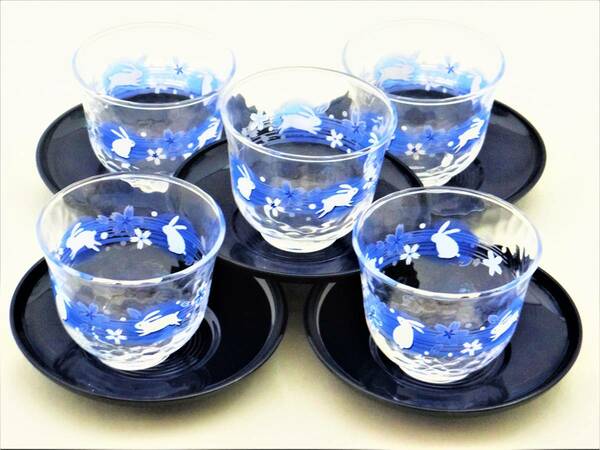 藍 うさぎ　 茶托付冷茶セット　冷茶グラス5客セット　冷茶コップ＆茶托 　5点セット　