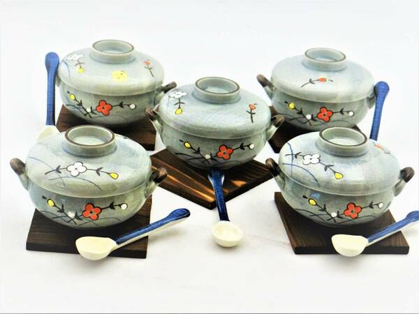 送料無料 茶碗蒸し器セット 取っ手付き スプーン付き 受け板付き 各5客 15点セット