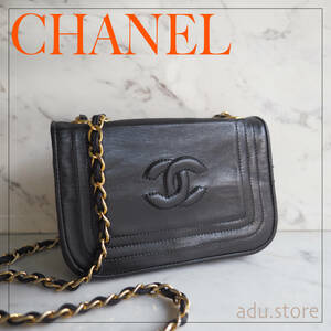 希少★ ビンテージ シャネル CHANEL チェーンショルダーバッグ ポシェット ココ ラムスキン ブラック ゴールド フルフラップ ヴィンテージ