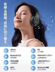 【Bluetooth5.3 有線・無線両用】ヘッドホン マイク付き TFカード対応 FMラジオ機能 最大20時間連続再生