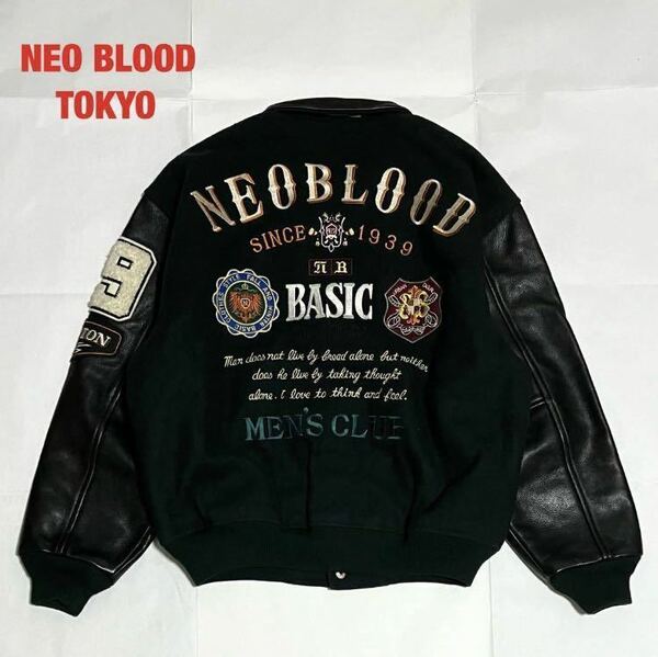 【希少】NEO BLOOD TOKYO　ネオブラッド　スタジャン　牛皮レザー　ワッペン　バイカラー　キルティング　袖デザイン　襟レザー　刺繍　90s
