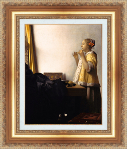 絵画 額縁付き 複製名画 世界の名画シリーズ ヨハネス・フェルメール 「 真珠のネックレスを持つ女性 」 サイズ 6号