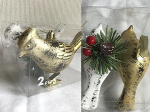 新品・未開封 クリスマス ツリー オーナメント バード 2羽セット 鳥 飾り インテリア 金 白 ゴールド 赤い実 クリップ 吊り下げ ニトリ