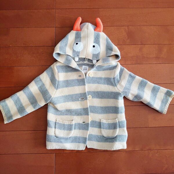 【サイズ70】BabyGap 恐竜 ニット アウター 顔つき 可愛い ボーダー 羽織 フード ニットカーディガン