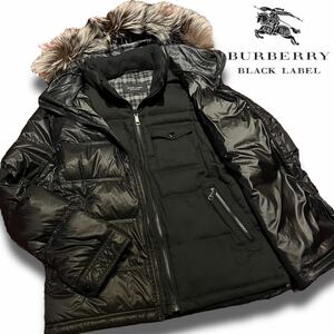 【3way】LLサイズ 極美品 BURBERRY BLACK LABEL ファー ダウンジャケット 肉厚 ブラック 黒 チェック柄 ダウンベスト ホースロゴ 刺繍 XL