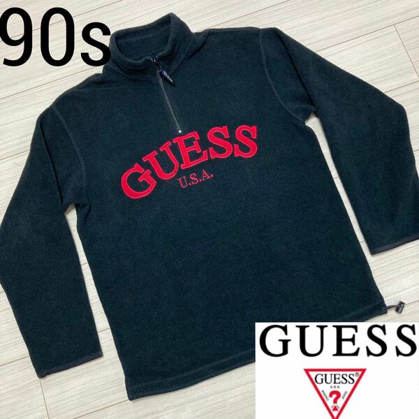 90s Vintage■GUESS ゲス■ハーフジップ フリース ジャケット L 黒 赤 ブラック 刺繍 ビッグシルエット デカロゴ オールド ヴィンテージ