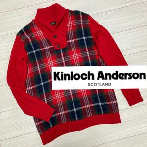 90s■Kinloch Anderson■ショール チェック ニット セーター L 赤 レッド グリーン タータン キンロックアンダーソン ヴィンテージ