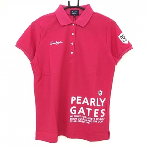 【新品】パーリーゲイツ 半袖ポロシャツ ピンク×白 織生地 裾ビッグロゴ 日本製 レディース 2(L) ゴルフウェア 2023年モデル PEARLY GATES