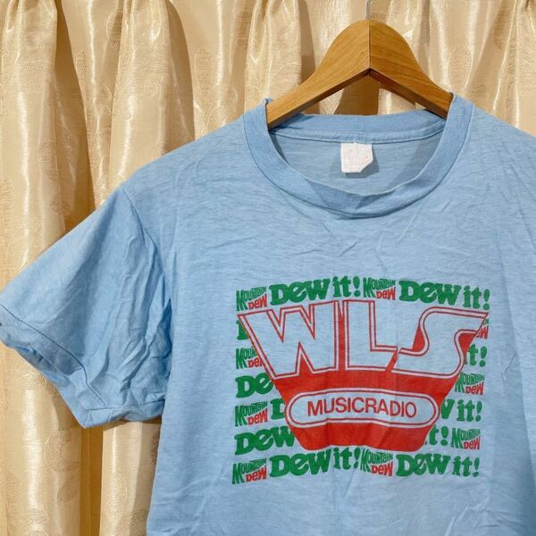 80s初期タグ SCREEN STARS WLS Radio ラジオ×マウンテンデュー Tシャツ Vintage T-Shirt 水色