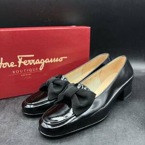 M1542 未使用 Salvatore Ferragamo サルヴァトーレフェラガモ リボン シューズ ヒール レディース 4.5D/21.5cm相当 ブラック 黒 自宅保管品