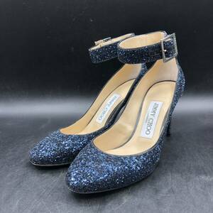 M1589 美品 JIMMY CHOO ジミーチュウ グリッター パンプス ピンヒール アンクルストラップ 34.5/22.0〜22.5cm相当 ネイビー 紺 ラメ