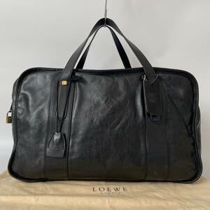 【美品】LOEWE ロエベ ボストンバッグ ハンドバッグ アナグラム 大容量 ロゴ型押し レザー ゴールド金具 カデナ 刻印 黒 旅行 トラベル