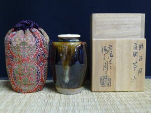 V552 膳所焼 淡海ぜぜ 陽炎園 肩衝茶入 高さ8.5cm 茶器 茶道具 仕覆・木箱付/60