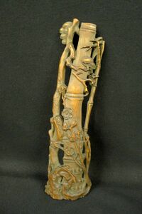 W184 古竹細工竹梅透かし彫刻茶量 茶匙 茶合 天然木製 細密彫刻 茶器 煎茶道具/60