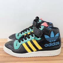 z7575 アディダス フォーラムミッド US9 27.0cm/黒 ブラック ミントグリーン イエロー ブルー adidas FORUM MID メンズ スニーカー 中古_画像4