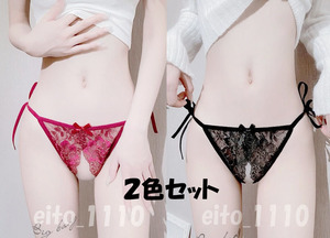 R316 オープンクロッチ セクシー レディース Tバック ショーツ ２色セット 紐パン 花柄 レース シースルー ランジェリー パンティー ２枚組