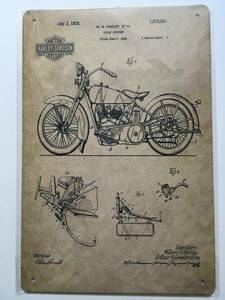 ブリキ看板 20×30cm HARLEY-DAVIDSON 1928ハーレー 図面 アメリカンガレージ アンティーク 雑貨 ★TINサイン★