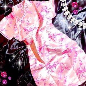 サテン　つるつる★光沢　サテン　ドレス　ワンピース　コスプレ★ハロウィン　チャイナドレス レディース　LLサイズ　XLサイズ　ピンク