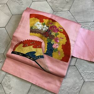 アンティーク　名古屋帯　刺繍刺繍　着物　昭和レトロ　大正ロマン　モダン　和洋折衷コーデ　リメイク　絹　正絹100% こ13-23t