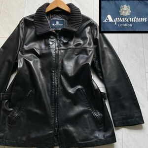 1スタ 1円【一点物】超美品! Aquascutum アクアスキュータム ラムレザー 羊革 レザージャケット ジップアップ ブラック ハイネック 黒 L