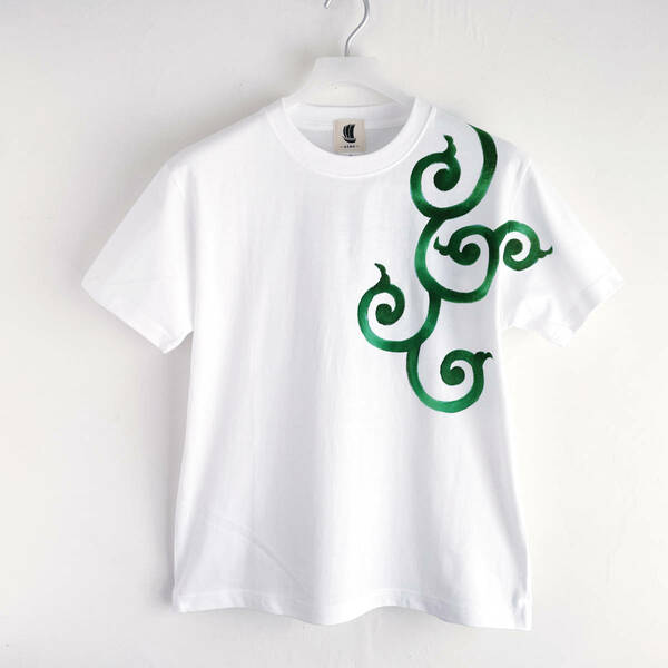 メンズ Tシャツ Mサイズ 唐草柄緑Tシャツ ホワイト ハンドメイド 手描きTシャツ
