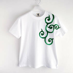Art hand Auction メンズ Tシャツ Sサイズ 唐草柄緑Tシャツ ホワイト ハンドメイド 手描きTシャツ, Sサイズ, 丸首, 柄もの
