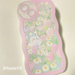 【iPhone14ケース】スマホケース,うさぎ,花畑,パステルカラー,メルヘン,可愛い,ピンク,うねうね,未使用,韓国