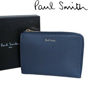 新品 ポールスミス Paul Smith ラウンドファスナー開閉式 二つ折り財布 カラースロット 箱付き ブライトストライプ ブルー 山羊革 メンズ