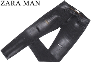 極美品 ZARA MAN DENIM ザラ ペンキ リペア加工 テーパード ストレッチ デニムパンツ ジーンズ ブラック 36 メンズ 大きいサイズ