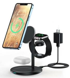 【送料無料】3in1 ワイヤレス充電器 マグネット式 magsafe充電器 15W Watch充電器 iPhone / Apple Watch / Airpods マグセーフ《H75》