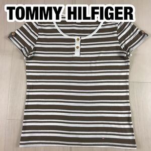 TOMMY HILFIGER トミー ヒルフィガー 半袖Tシャツ 2 ボーダー柄 ブラウン×ホワイト 刻印金ボタン 刺繍ロゴ