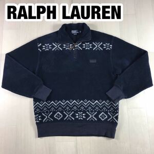 POLO BY RALPH LAUREN ポロ バイ ラルフローレン フリース S ネイビー×ホワイト ノルディック柄 ハーフジップ 起毛 レザープレートロゴ