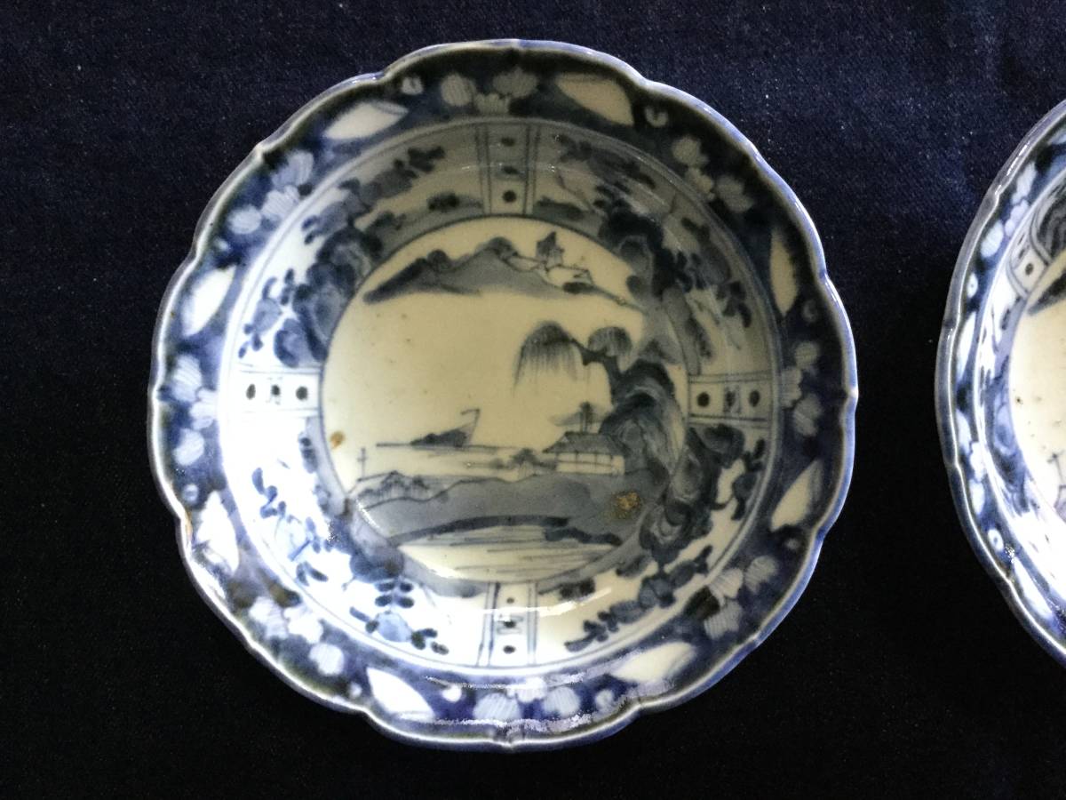 □□ 古伊万里染付輪花皿風景白抜芙蓉2客| JChere雅虎拍卖代购