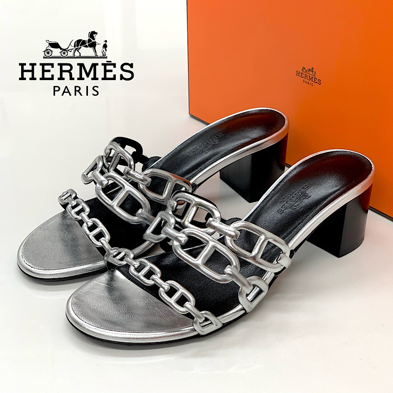 高級 保存袋付き HERMES エルメス シェーヌダンクル レザー ローファー