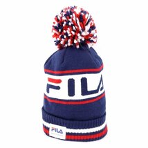 フィラ ニット帽 ニットキャップ ロゴ ボンボン 裏フリース ブランド 帽子 レディース ネイビー FILA_画像1