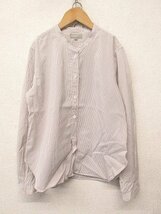 k6399：日本製*MARGARET HOWELLマーガレットハウエル シルク絹混 ノーカラー ストライプシャツ 2 長袖シャツ/ブラウス 茶白/レディース：35_画像1