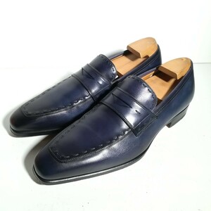 3904 【数回着用程度・美品】 ★マグナーニ Magnanni★ 21341 コインローファー 40 25.5cm ネイビー ドレス 高級革靴 紳士靴 本革