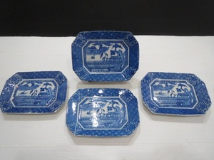 古伊万里　瀬戸　ベロ藍印判　銅板印刷　隅切小振長方形皿　４客　ウイロー様式　無傷　17.5×13.0cm