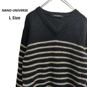 NANO UNIVERSEセーターVネックボーダー黒レディースL　a33