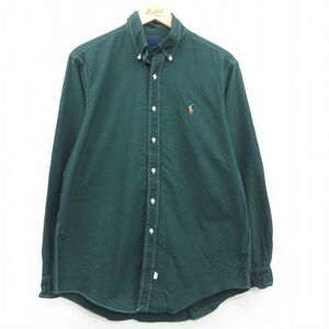 XL/古着 ラルフローレン 長袖 ブランド シャツ メンズ 90s ワンポイントロゴ オックスフォード コットン ボタンダウン 緑 グリーン 23oct03