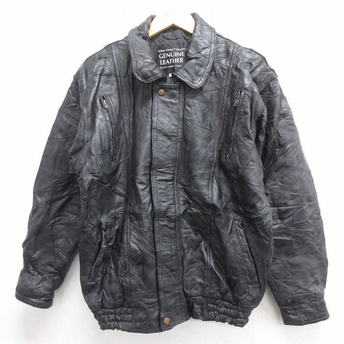 XL/古着 長袖 レザー ジャケット メンズ パッチワーク 黒 ブラック