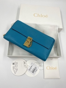 美品 Chloe クロエ ドリュー ウォレット ラムスキン 羊革 レザー 長財布 ターンロック レディース ブルー 系 箱付き 参考価格\69,000＋税