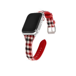 新品　送料無料　Apple Watch 千鳥格子柄 キャンバス生地 フェイクレザー バンド 42/44/45mm　ブロックチェック柄レッド