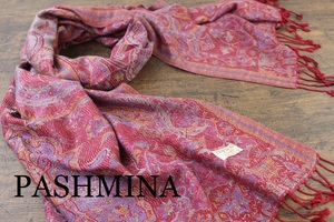 新品【パシュミナ Pashmina】ペルシャ柄 レッド系マルチカラー 赤 RED 大判 ストール カシミア100% Cashmere