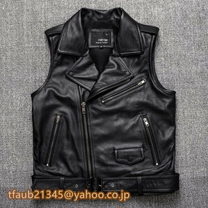 メンズレザー　ジャーキン ベスト 本革　牛革　バイクジャケット ライダース　　S～5XL　黒