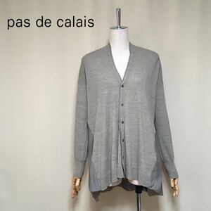 【pas de calais】パドカレ 異素材切替 Vネック ロングカーディガン 36/Mサイズ相当 グリーン系 レディース ニットトップス 薄手 長袖