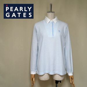 【美品】PEARLY GATES パーリーゲイツ ボーダー ラビット刺繍 長袖ポロシャツ サイズ2/L相当 ブルー×ホワイト ゴルフウェア レディース