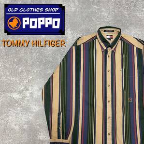トミーヒルフィガー☆オールド刺繍ロゴレトロマルチストライプシャツ 90s 長袖シャツ